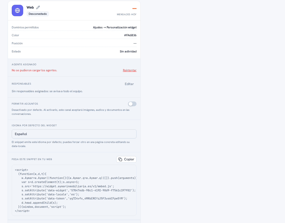 Tarjeta del canal Web con la fila «Permitir adjuntos» y su interruptor apagado, con el subtexto «Desactivado por defecto. Al activarlo, este canal aceptará imágenes, audios y documentos en las conversaciones.»