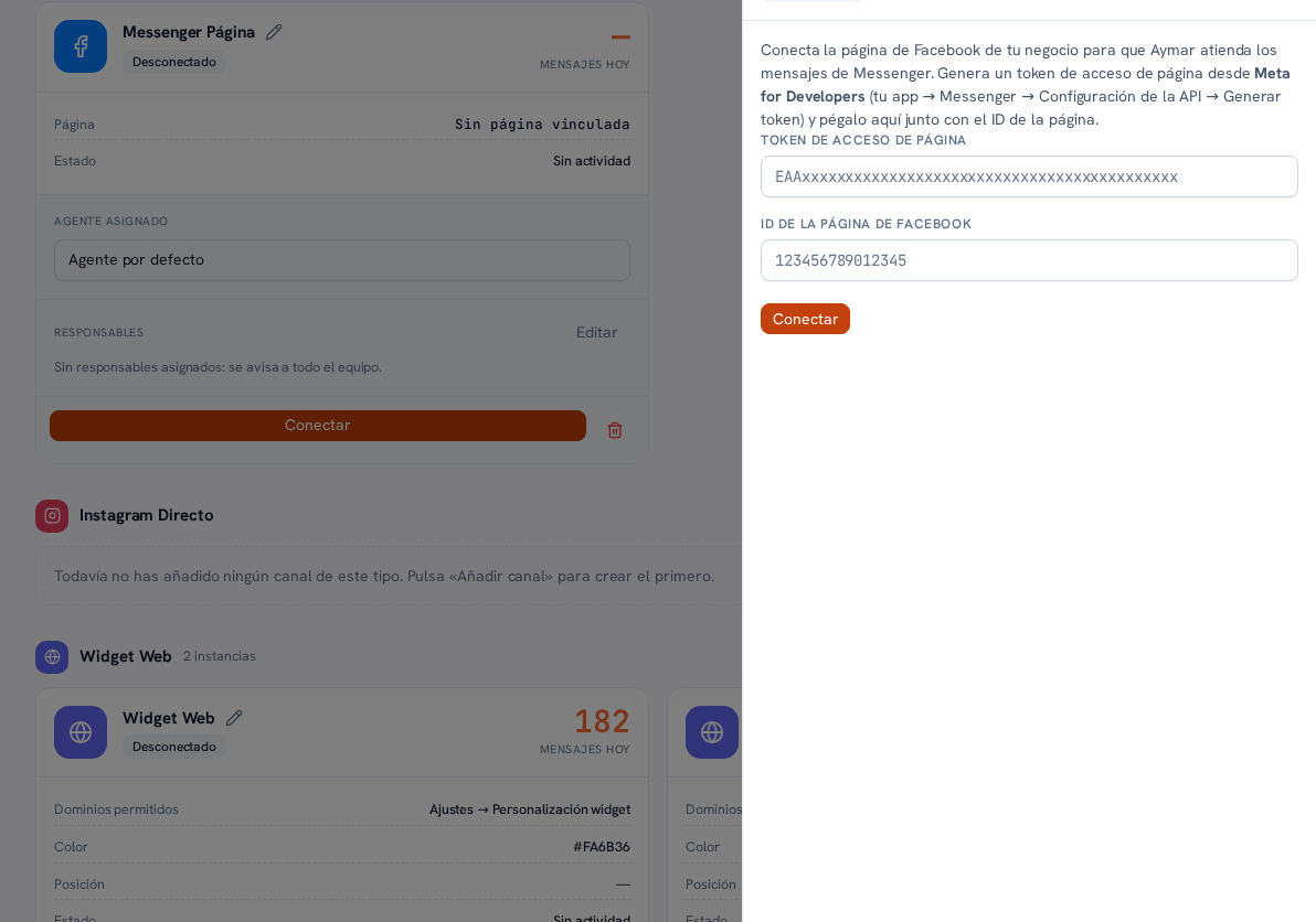 Panel de conexión de Messenger con instrucciones para generar el token de acceso de página en Meta for Developers y los campos Token de acceso de página e ID de la página de Facebook, junto al botón Conectar; al fondo, la tarjeta Instagram Directo sin canales añadidos y las dos instancias de Widget Web ya creadas