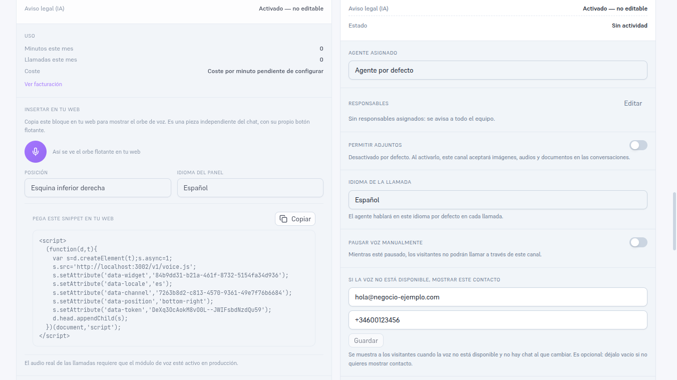 Tarjeta de un canal Voz con el interruptor Pausar voz manualmente en apagado y la sección Si la voz no está disponible, mostrar este contacto con un email y un teléfono ya rellenos y su botón Guardar