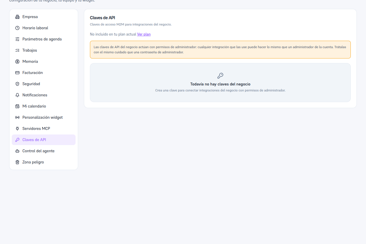 Pantalla Ajustes → Claves de API con el aviso «No incluido en tu plan actual» en vez del botón Crear clave