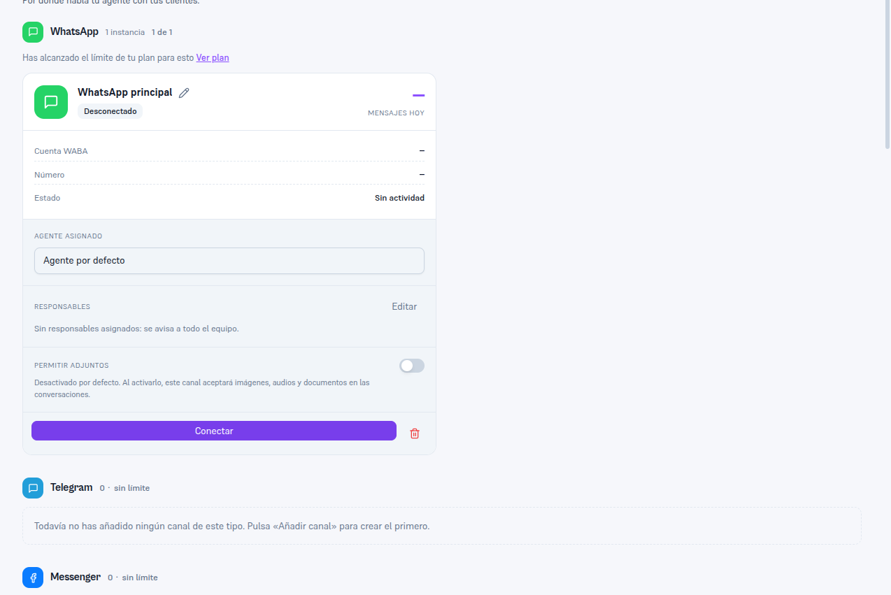 Pantalla Canales con la tarjeta de WhatsApp mostrando «1 de 1» y el aviso «Has alcanzado el límite de tu plan para esto», con el resto de tipos de canal marcados «0 · sin límite»