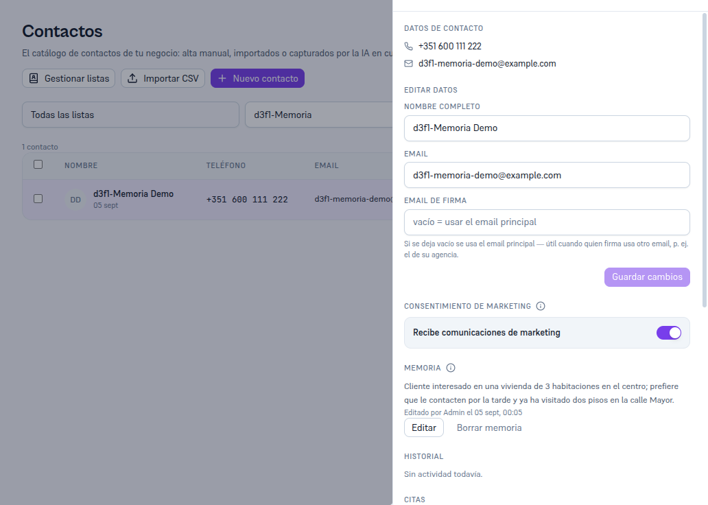 Sección Memoria de la ficha de contacto con un resumen guardado, el texto «Editado por Admin el 05 sept, 00:05» y los botones Editar y Borrar memoria