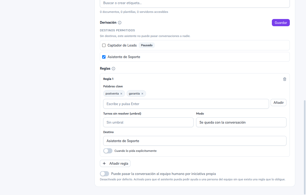 Regla 1 con palabras clave «postventa» y «garantía», Turnos sin resolver sin umbral, Modo «Se queda con la conversación», Destino «Asistente de Soporte» y el interruptor «Cuando lo pida explícitamente» apagado