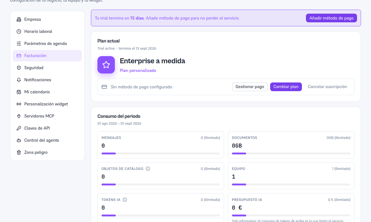 Ajustes → Facturación: tarjeta «Plan actual» con el icono de estrella, el nombre «Enterprise a medida», la etiqueta «Plan personalizado» en vez de un precio, «Sin método de pago configurado» y los botones Gestionar pago, Cambiar plan y Cancelar suscripción; debajo, Consumo del periodo con las cuatro tarjetas visibles todas marcadas «(ilimitado)» junto al límite