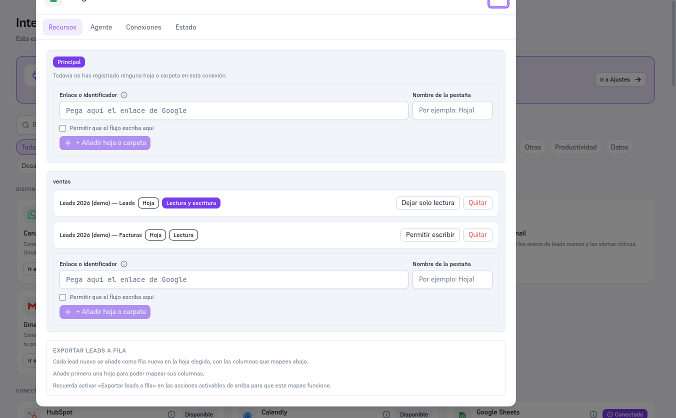 Modal de detalle de Google Sheets con las cuatro pestañas Recursos, Agente, Conexiones y Estado, mostrando en Recursos la conexión Principal sin hojas registradas y la conexión con nombre «ventas» con dos hojas configuradas (una con Lectura y escritura, otra con Lectura)