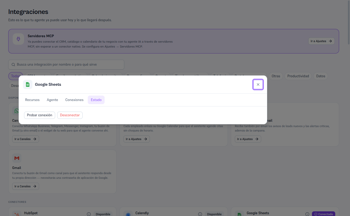 Pestaña Estado del detalle de una integración conectada (Google Sheets, usada aquí como ejemplo del mecanismo) con los botones Probar conexión y Desconectar