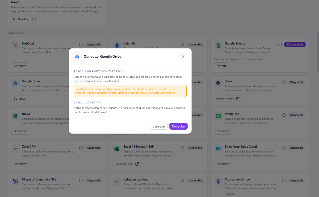 Modal «Conectar Google Drive» (mismo mecanismo que Google Sheets) con el Paso 1 «comparte con este email» y el Paso 2 «conectar», el aviso de que la plataforma todavía no tiene configurada la cuenta de servicio en este entorno de pruebas, y los botones Cancelar y Conectar