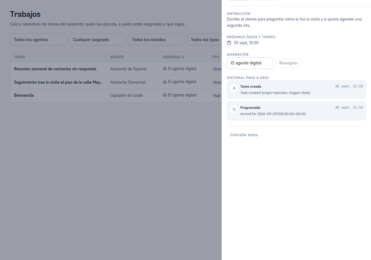 Ficha de la tarea «Seguimiento tras la visita al piso de la calle Mayor» con las secciones Instrucción, Próximos pasos y tiempo, Asignación (selector Reasignar tarea) e Historial paso a paso con dos entradas: Tarea creada y Programada